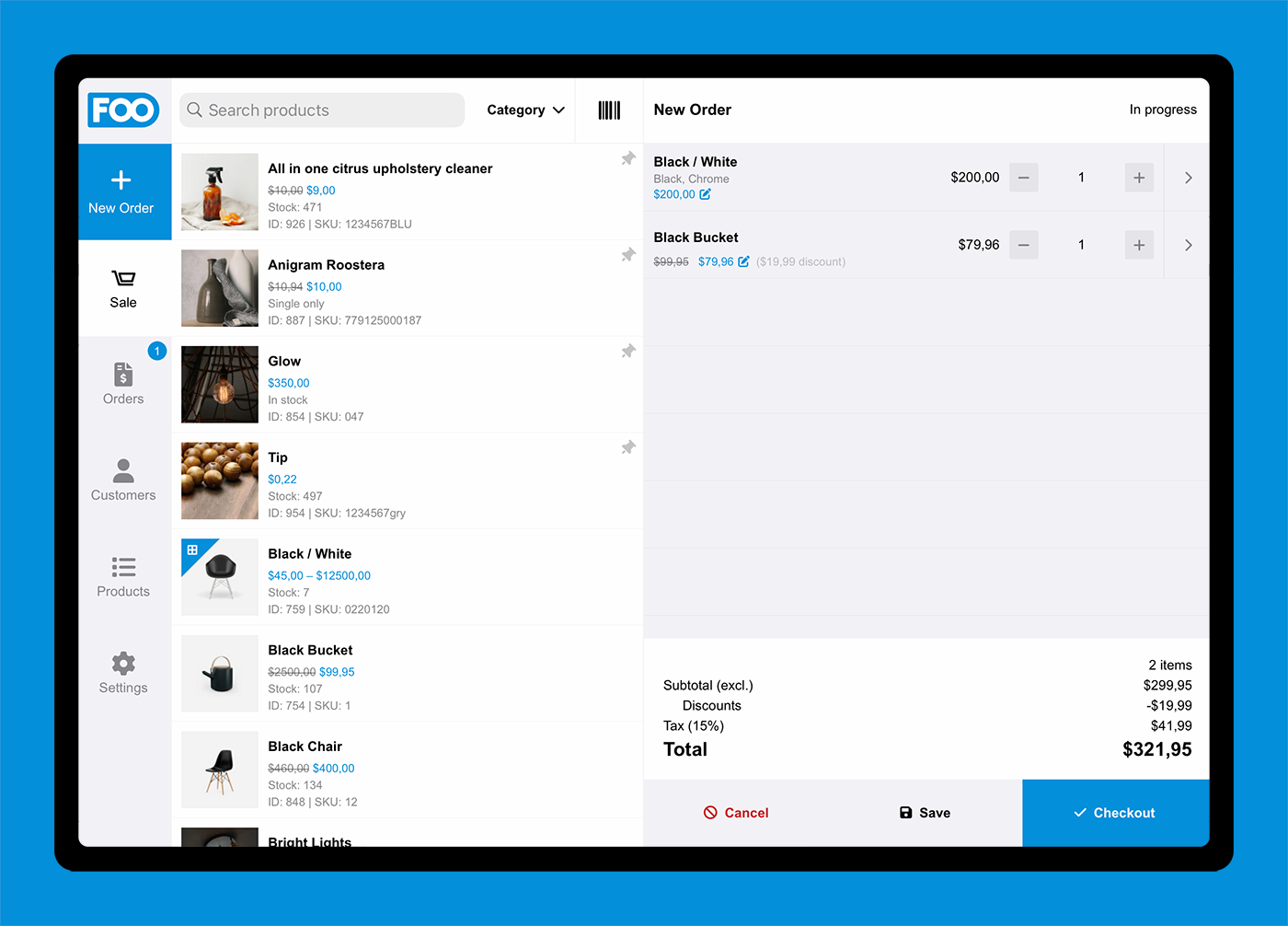 Add a product to the cart by selecting it from the list or by scanning its barcode.