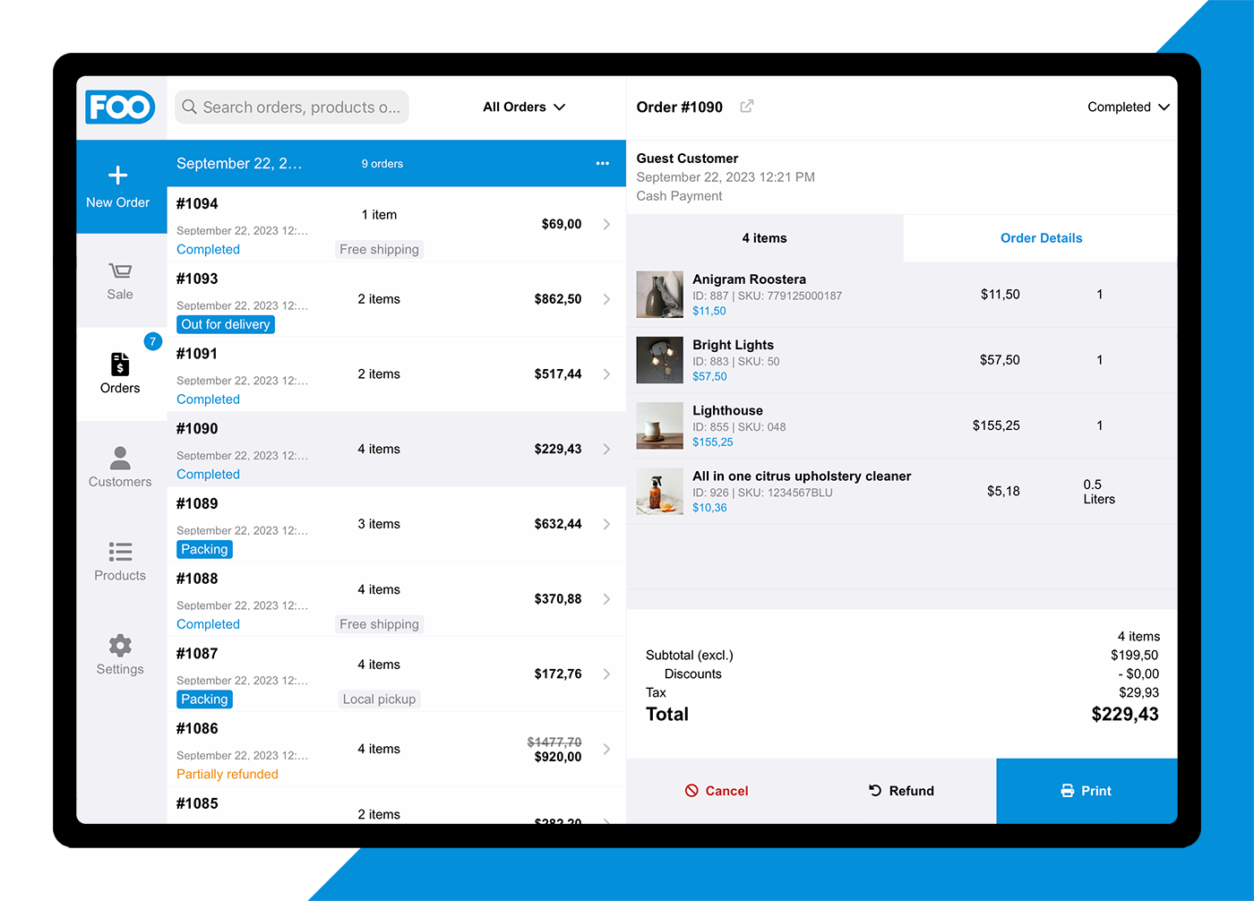 View your sales history, cancel completed orders and print receipts