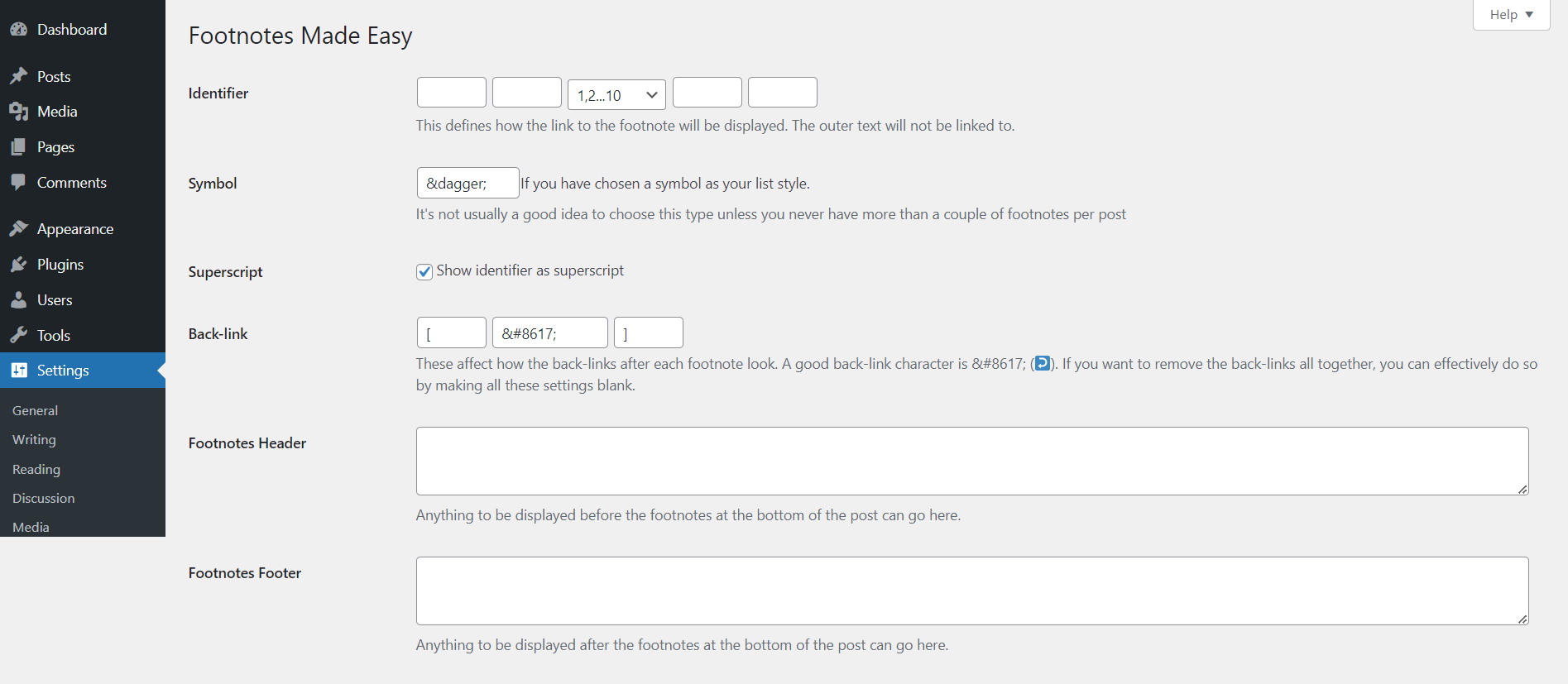 The Settings screen with advanced settings shown