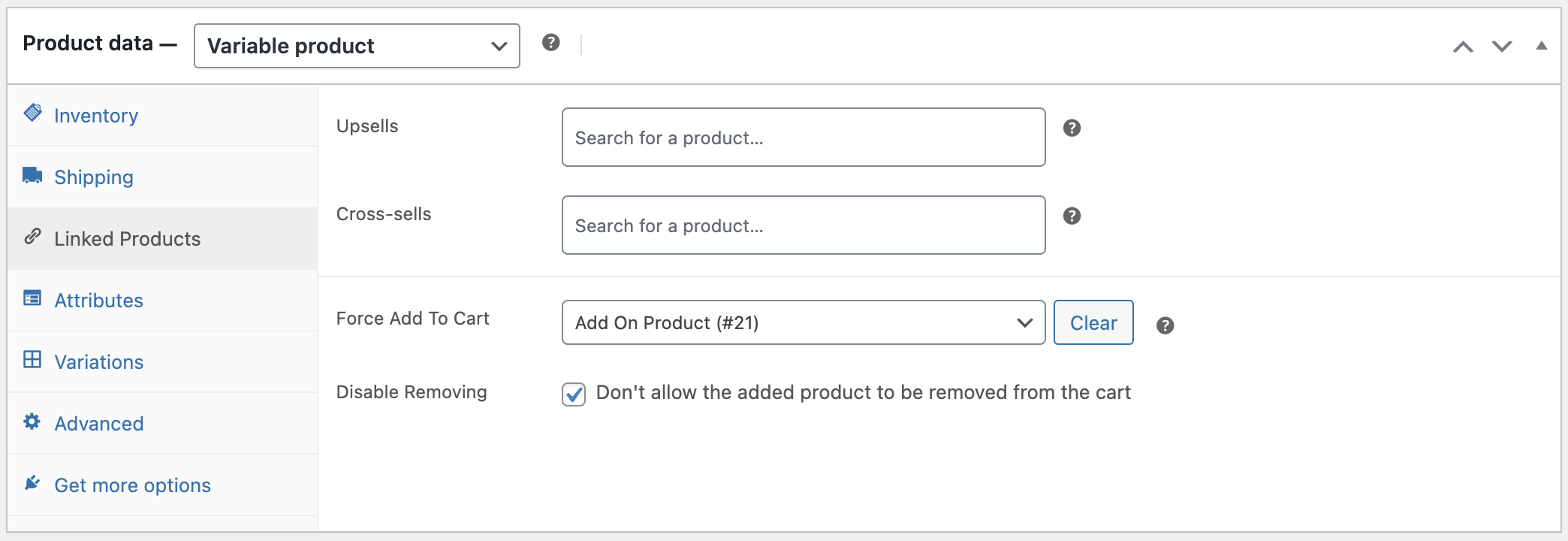 Variable product settings for forcing a product to the cart