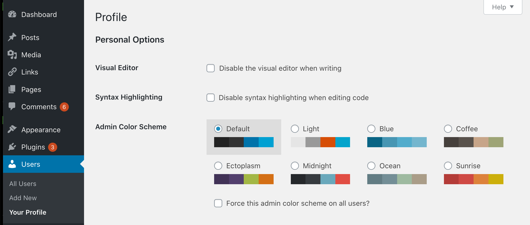 The profile page for an administrative user who has the checkbox to force an admin color scheme on users, though one hasn't been forced yet.