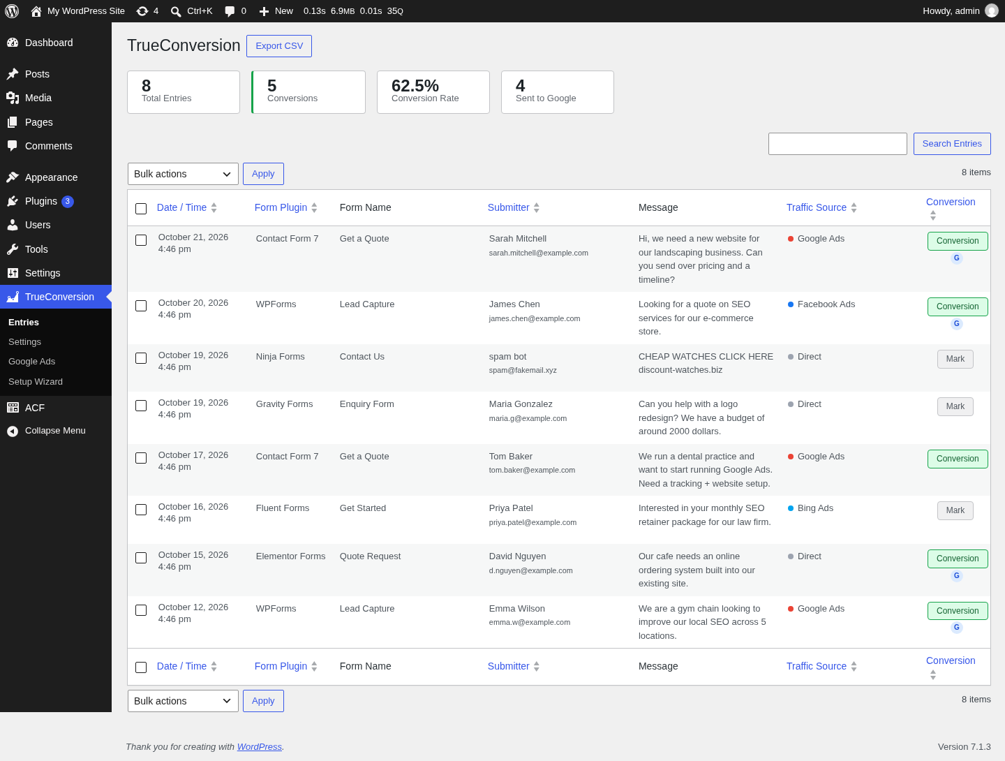 Dashboard showing form entries with traffic sources and conversion status.
