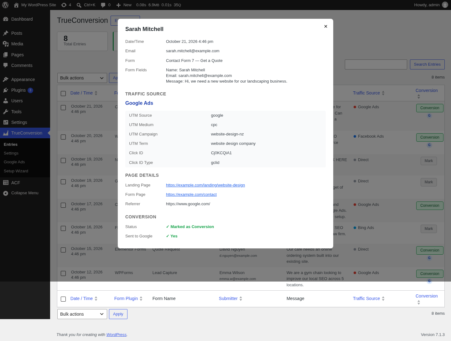 Entry detail modal with UTM parameters and conversion status.