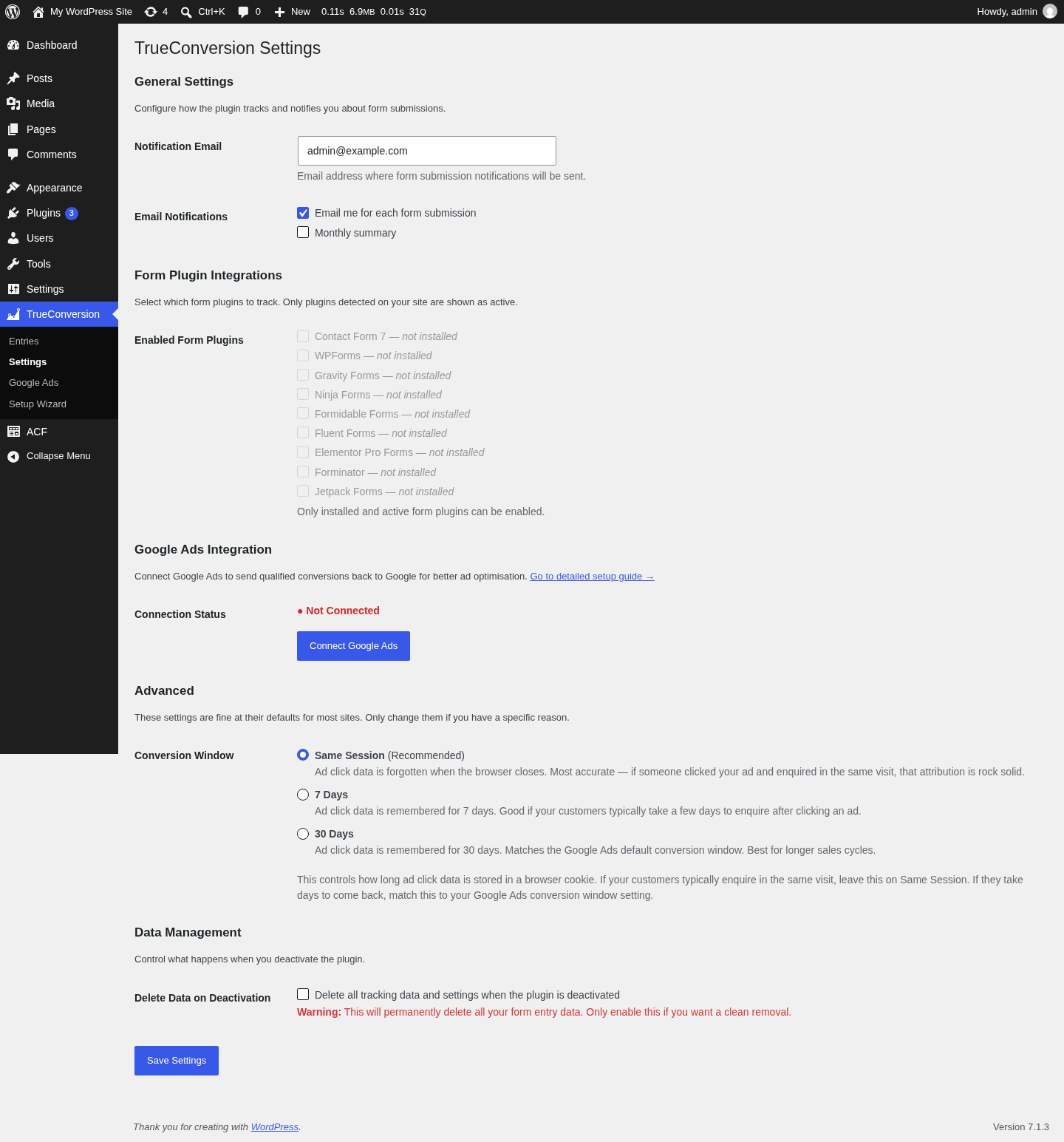 Settings page with form plugin selection and notification preferences.