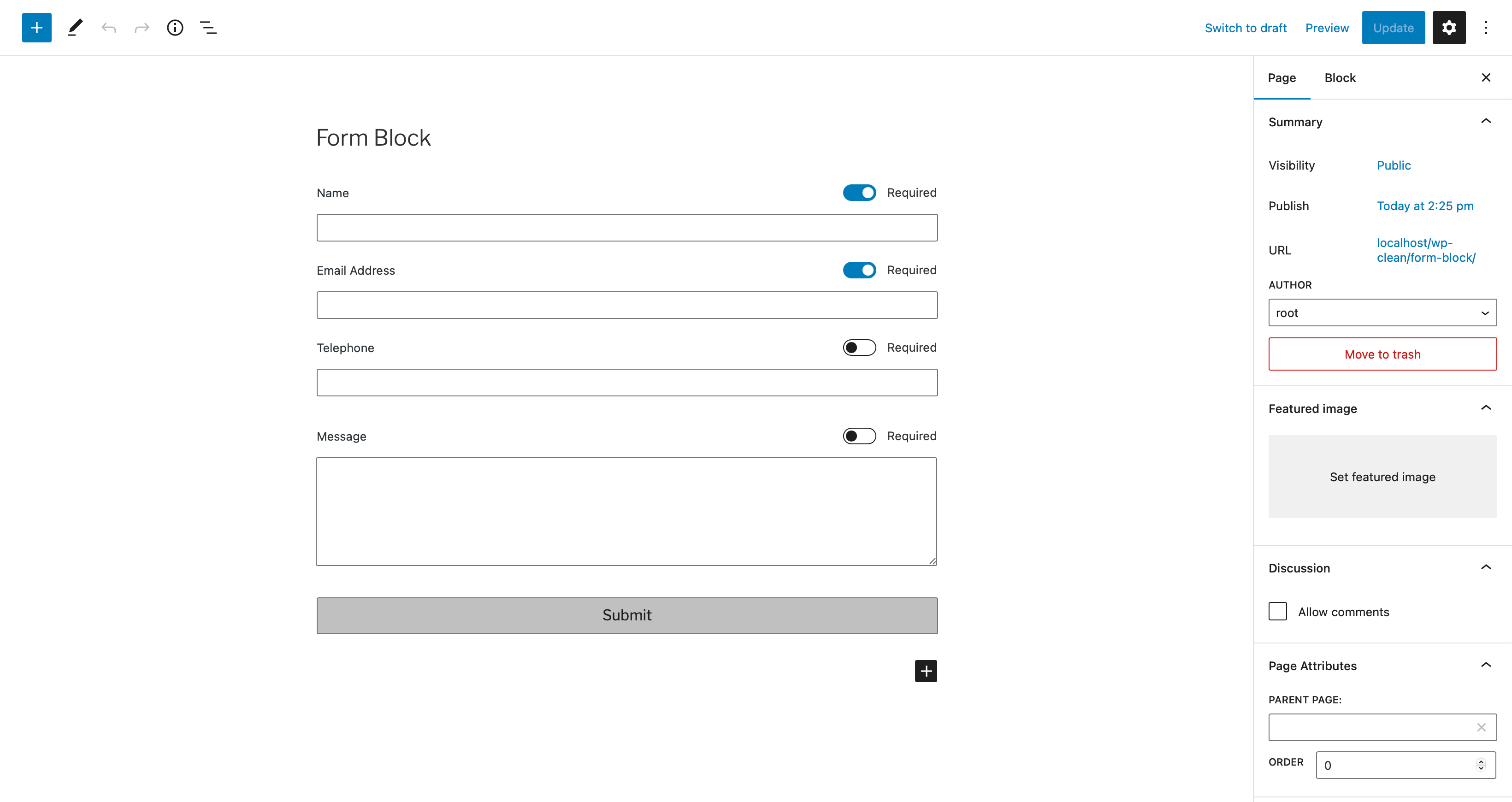 The form block in the backend