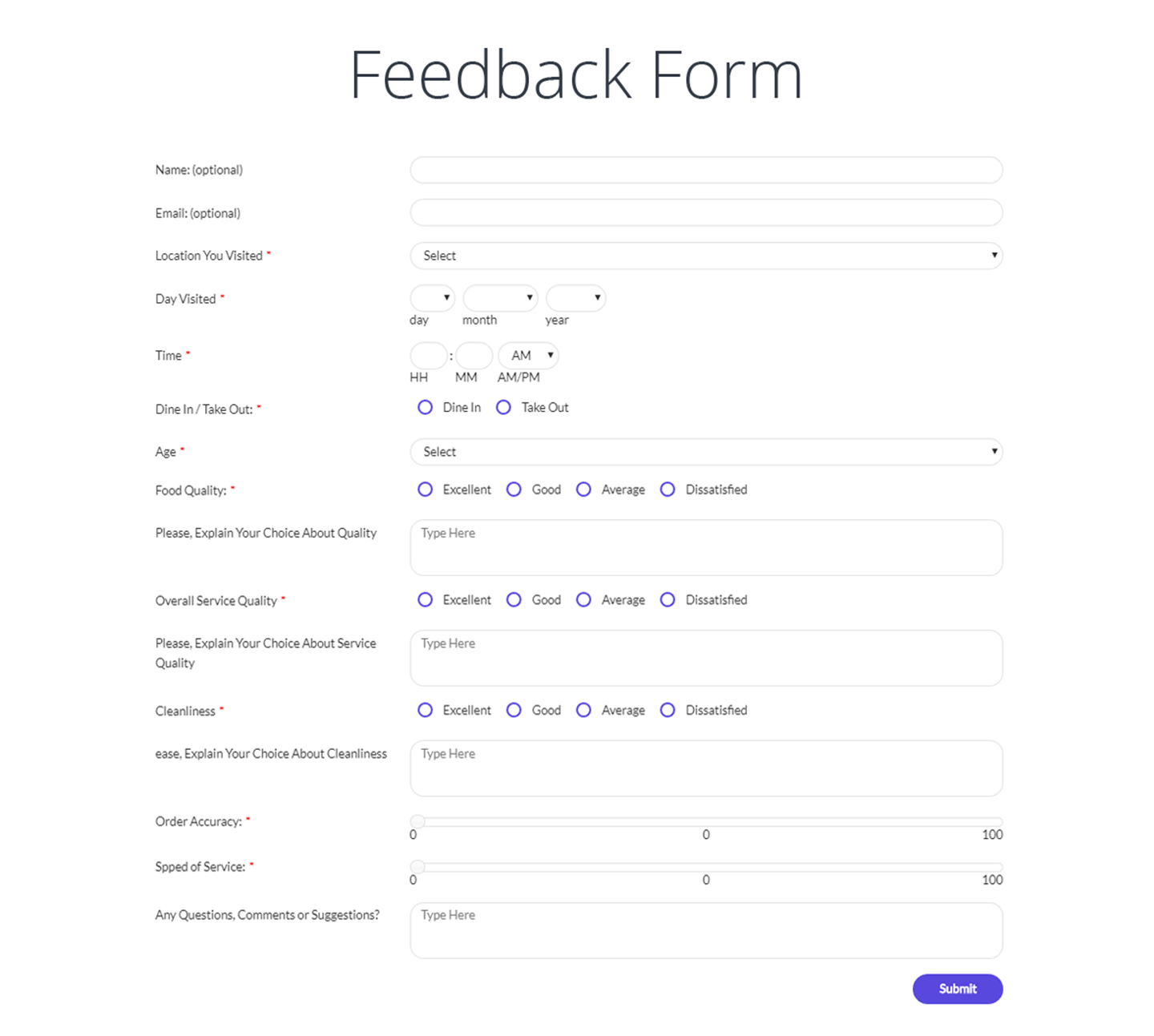 Feedback form with number range sliders, radio buttons, etc.