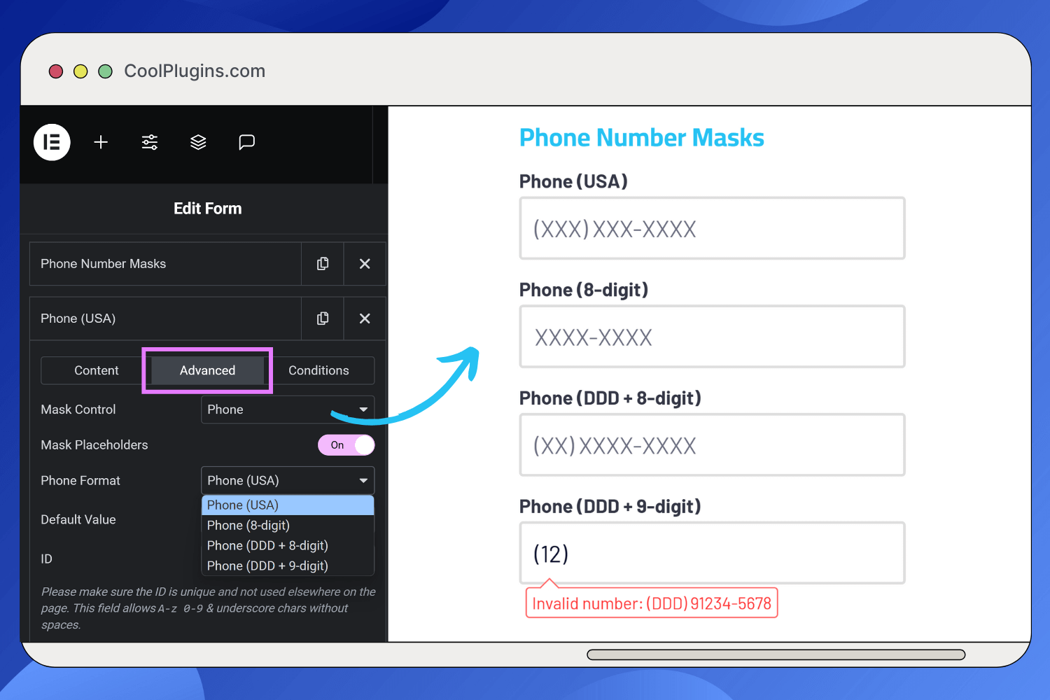 Phone number input mask.