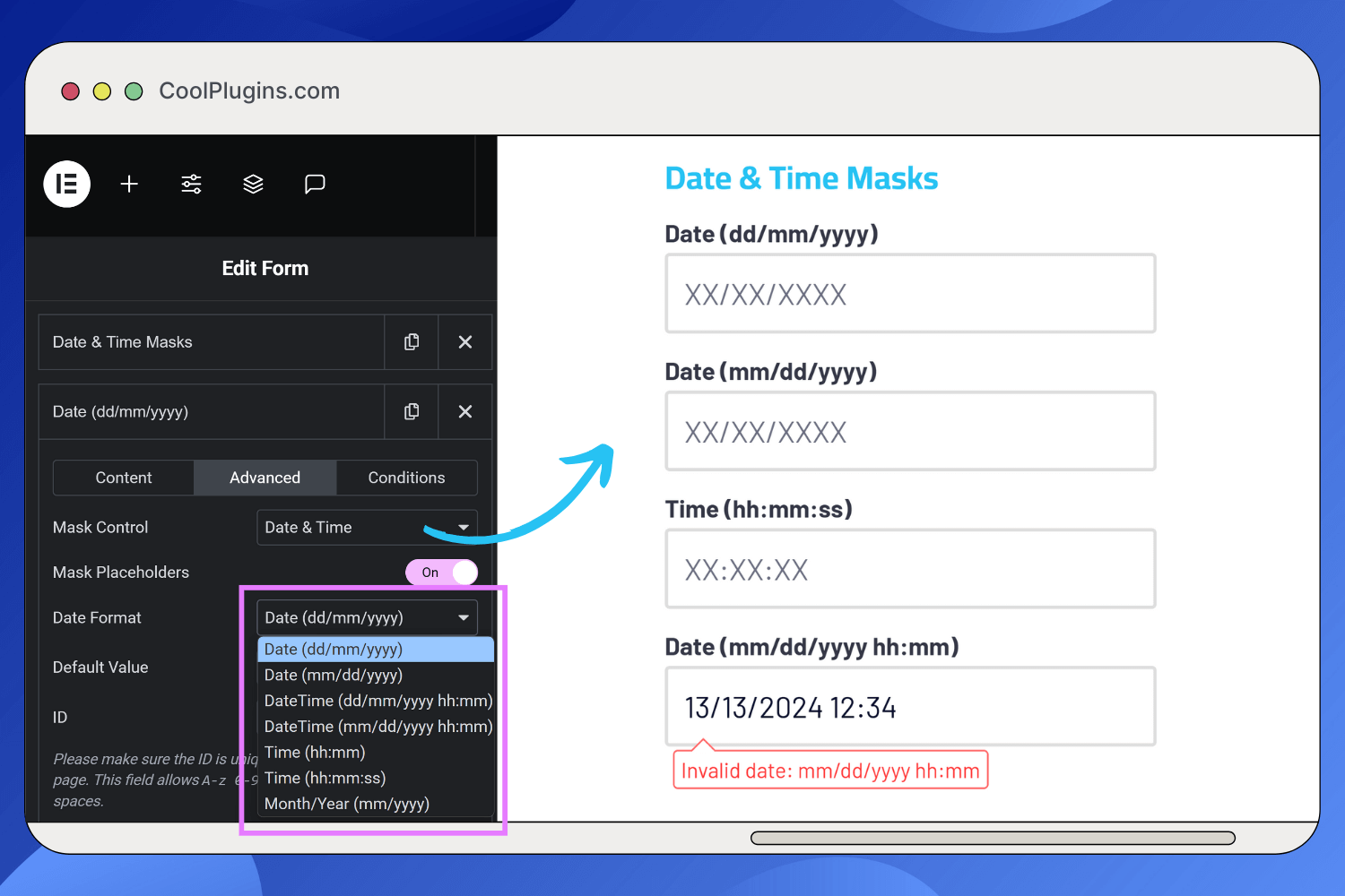 Date and time input mask.