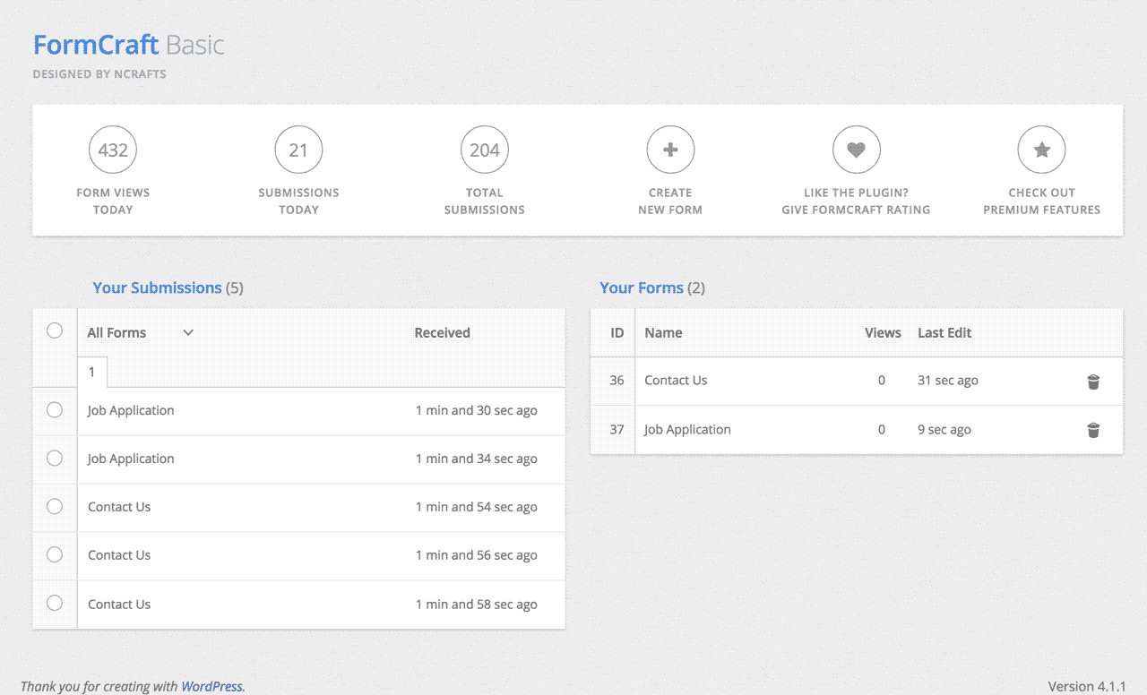 Your FormCraft form builder dashboard, in WordPress. Cool, huh?