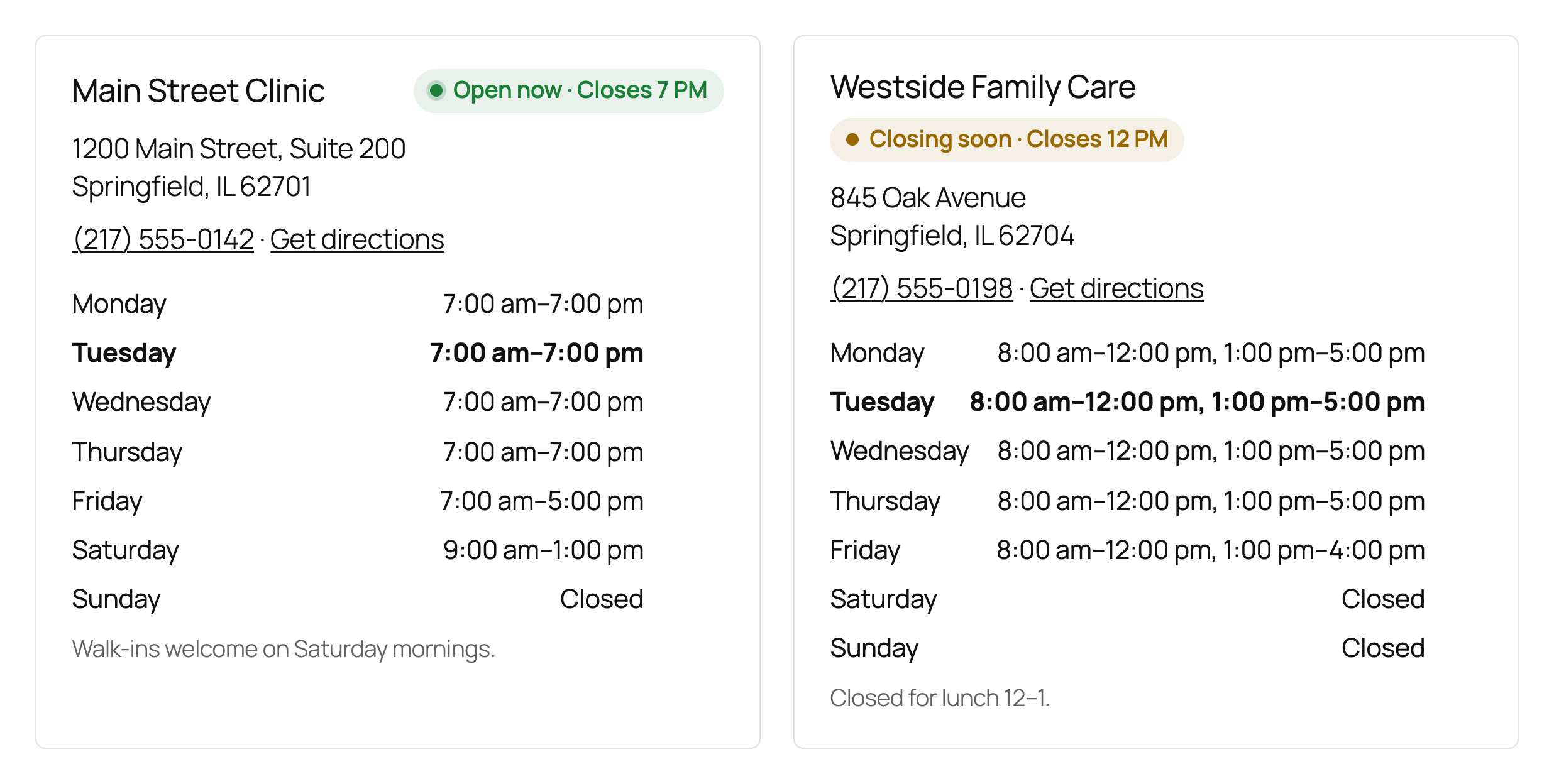 Locations with the open-now badge and hours.