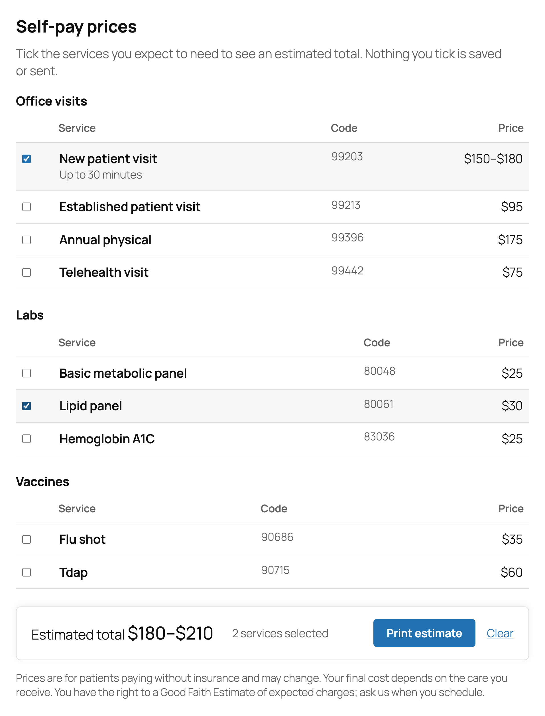 Self-pay prices with the cost estimator.