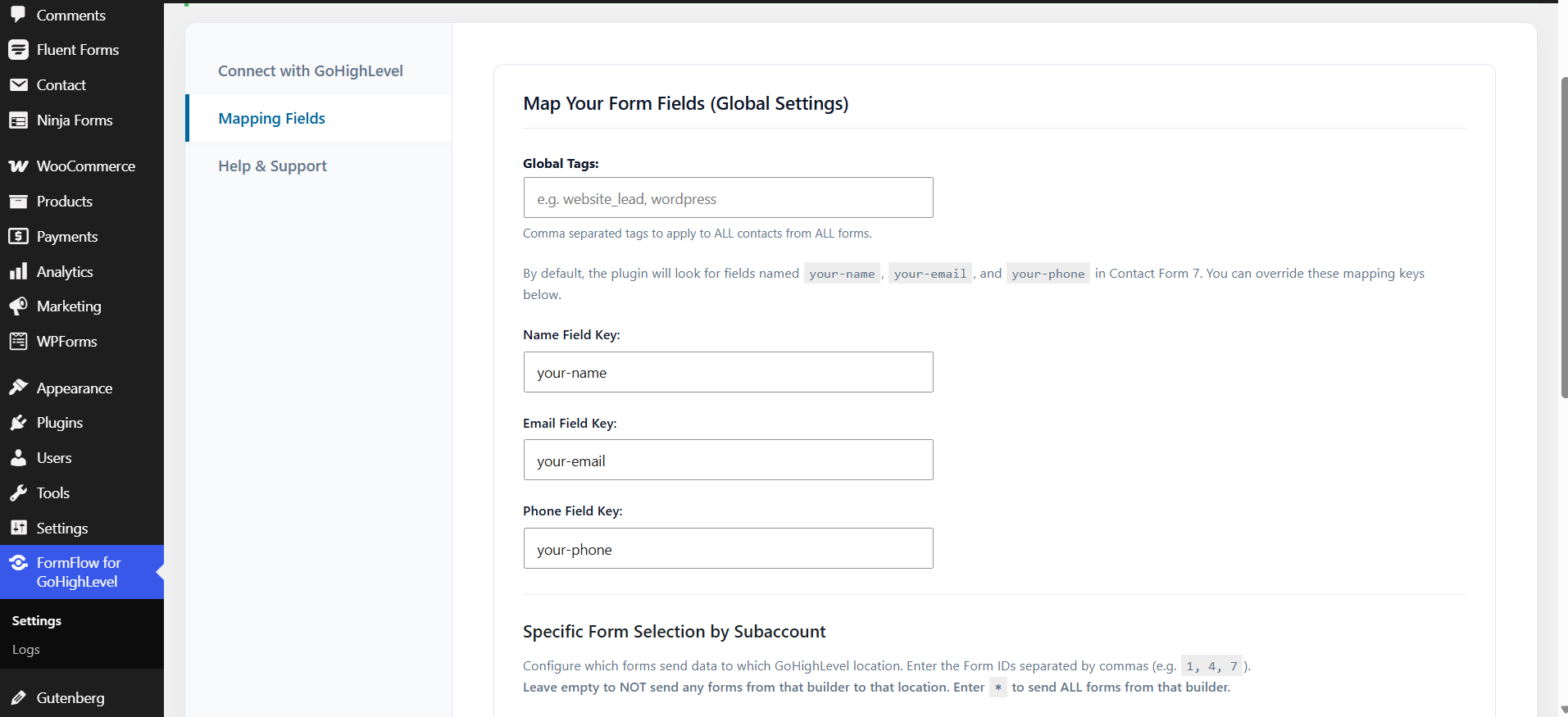 Global tags settings