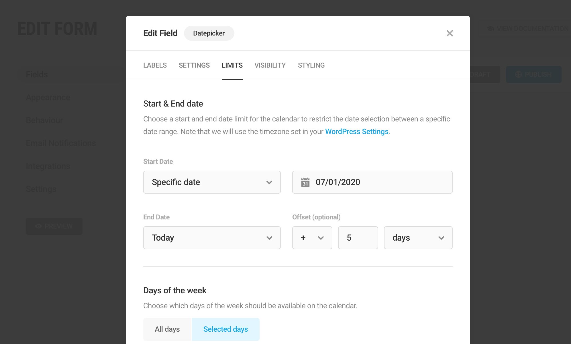 Customize the available dates shown on your date field calendar.