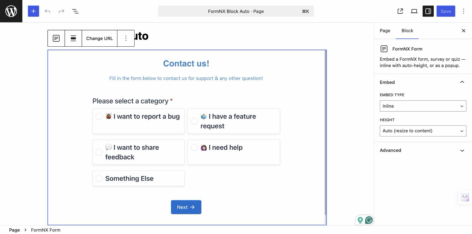 FormNX Form block with live preview and embed options in the editor