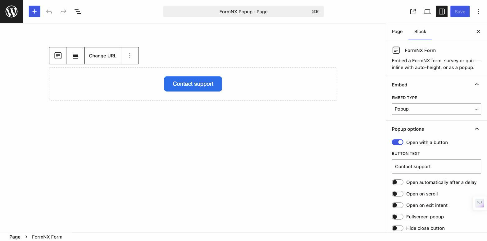 Popup trigger options in the block sidebar