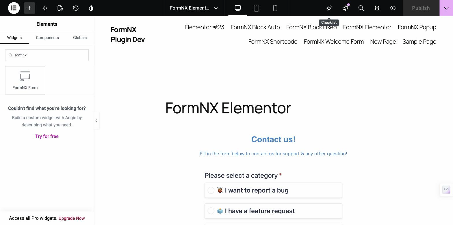 FormNX Form widget in Elementor