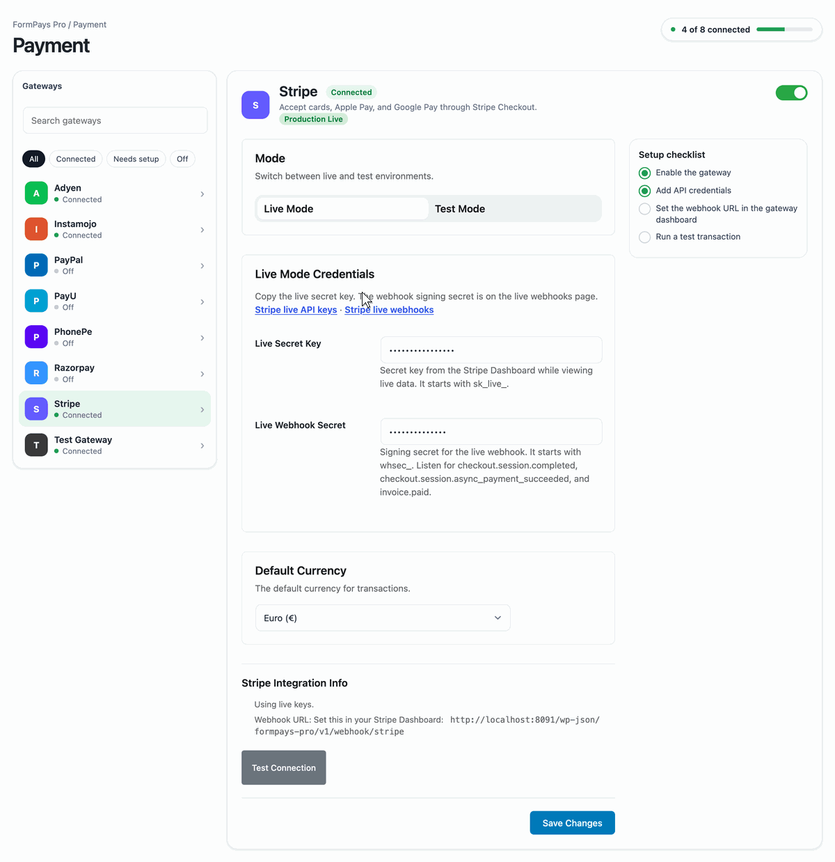Payment gateway settings, with live and test credentials.