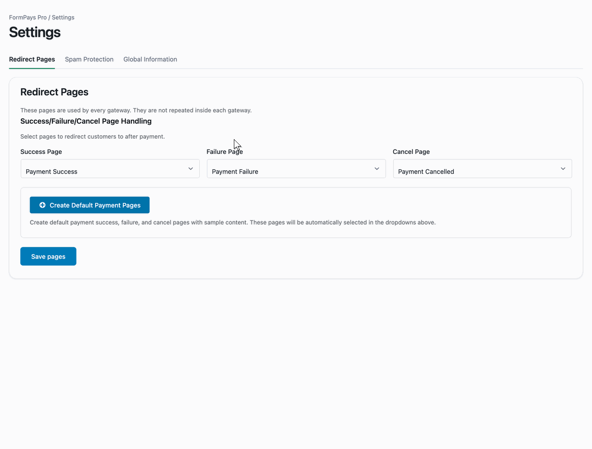 Settings for the success, failure, and cancel pages.
