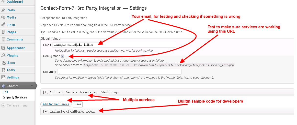 Admin page - create multiple services, set up debugging/notice emails, example code