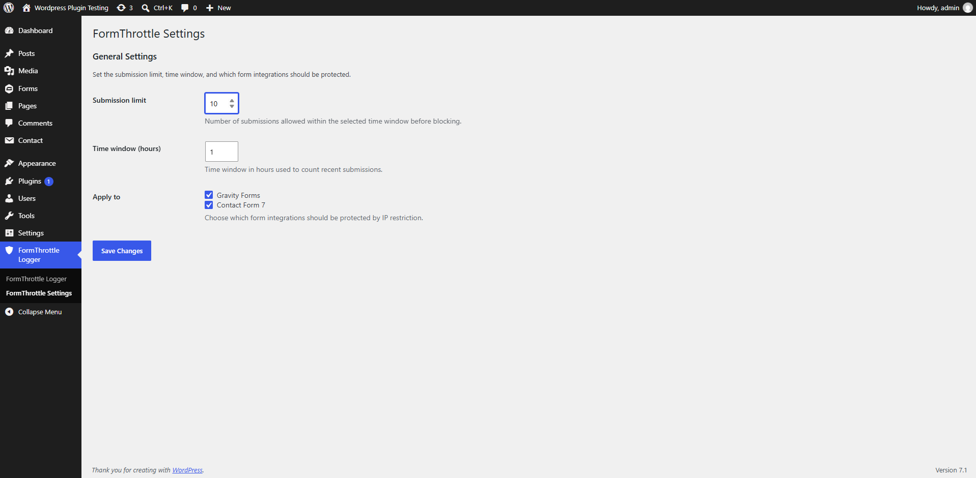 View detailed IP logs including IP address, form ID, form type, blocking reason, and submission date.