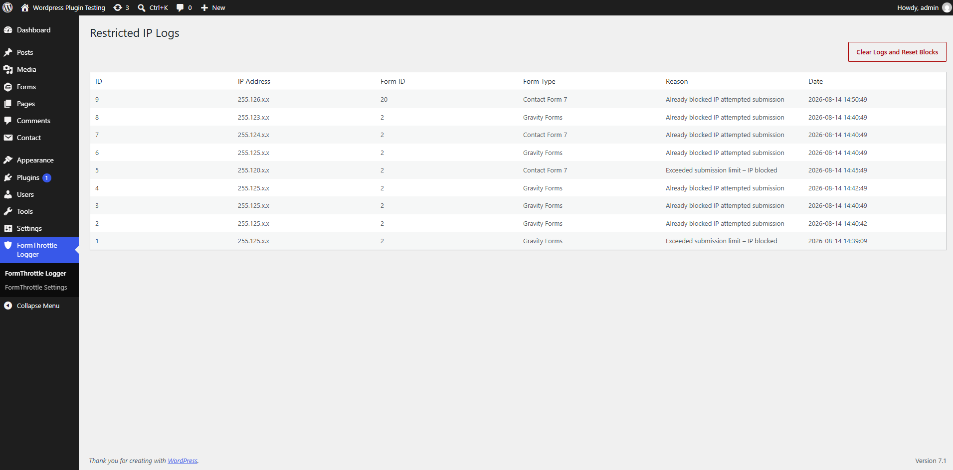 Configure the submission limit, time window, and protected form integrations.