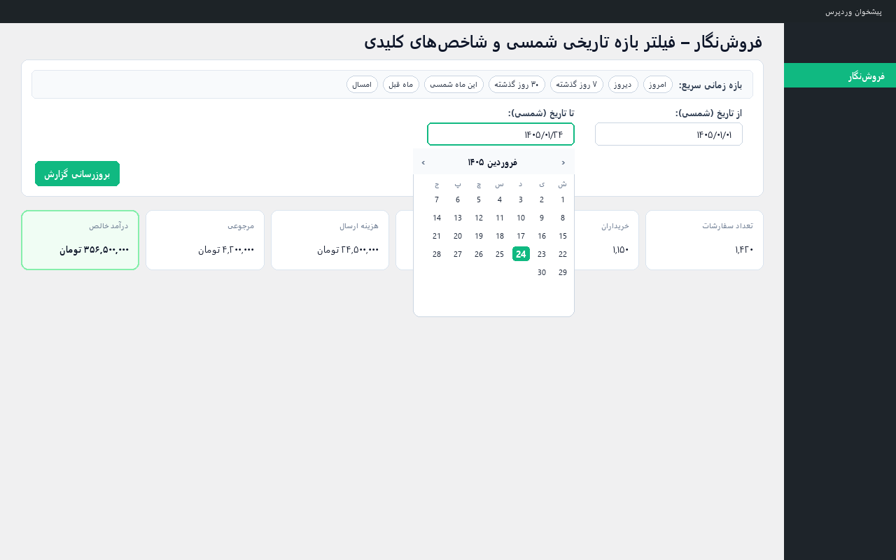 Jalali date picker, quick presets, and sales summary cards.