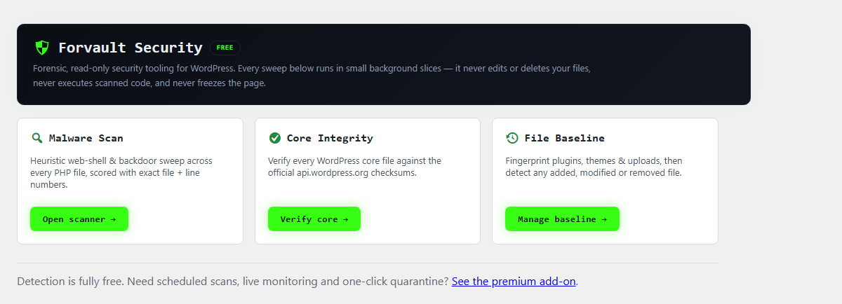 Dashboard overview of the three free scanners.