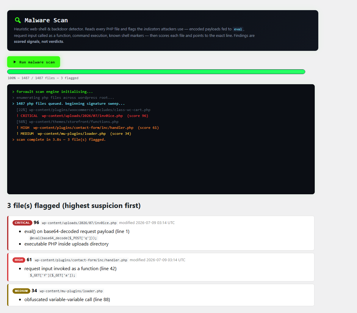 Malware Scan results with scored findings, file paths and line numbers.