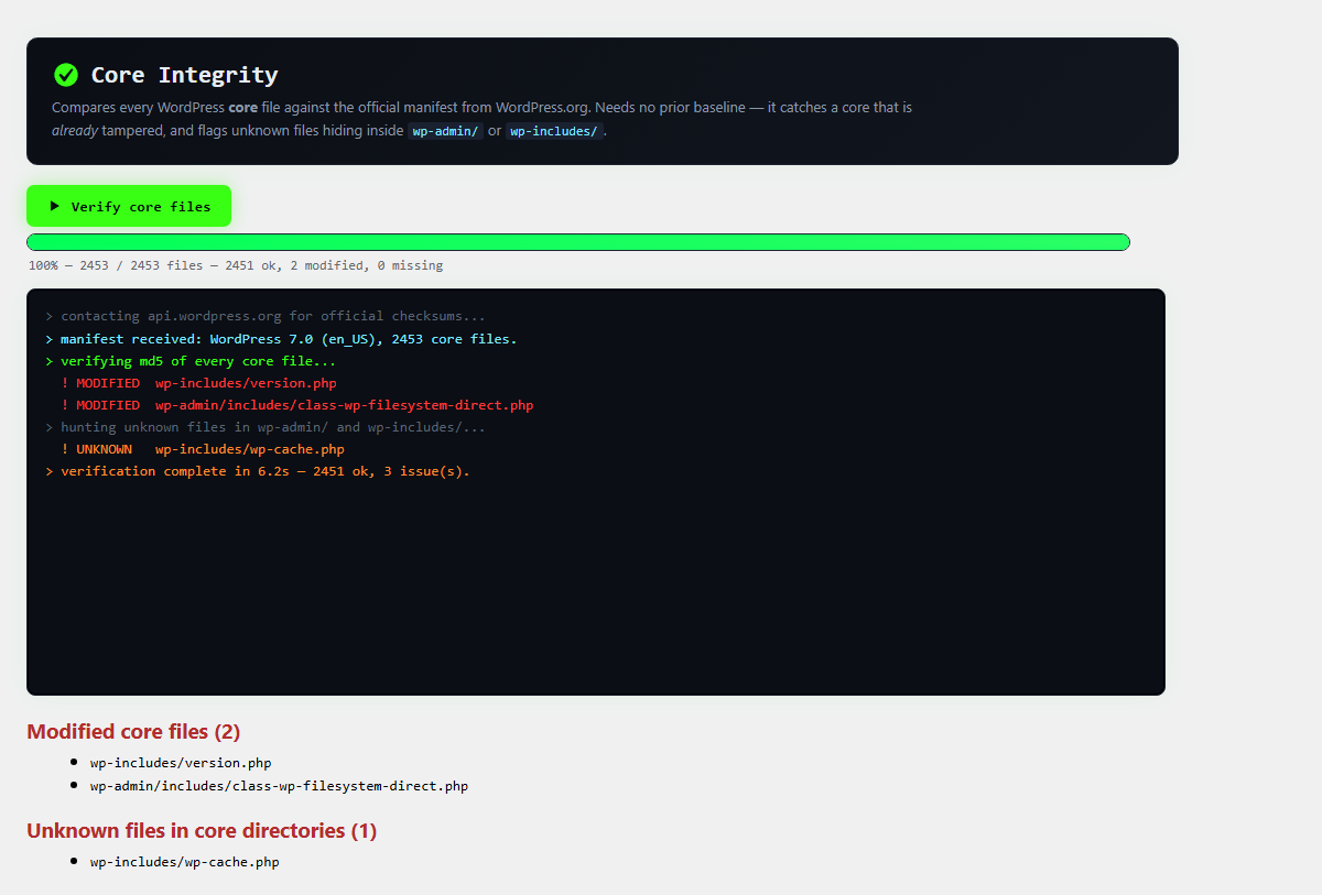 Core Integrity report against the official WordPress checksums.