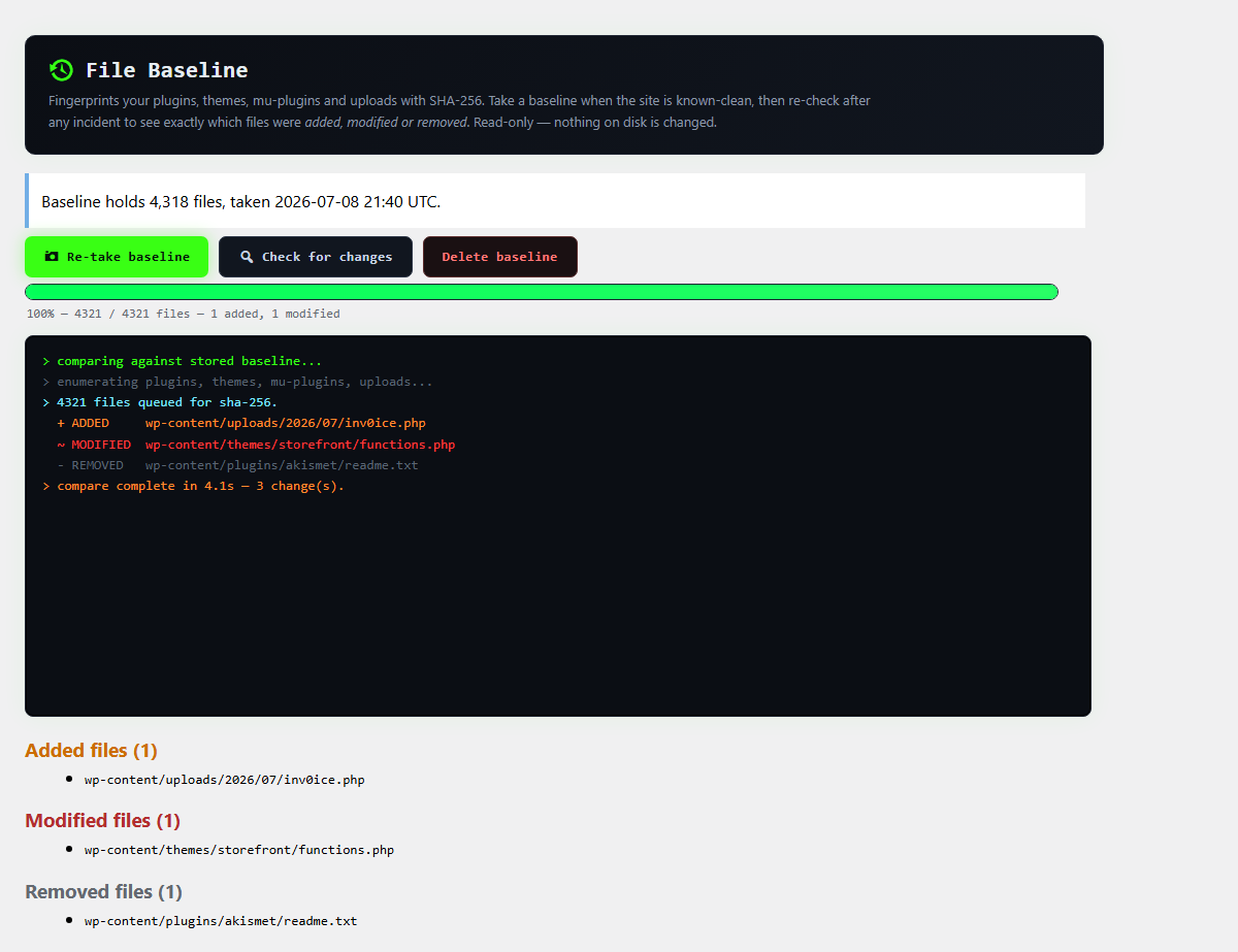 File Baseline change report (added / modified / removed files).