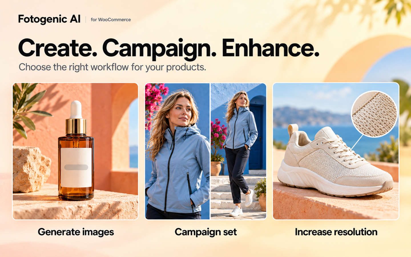 Create AI product photos, generate a campaign set or upscale existing images.
