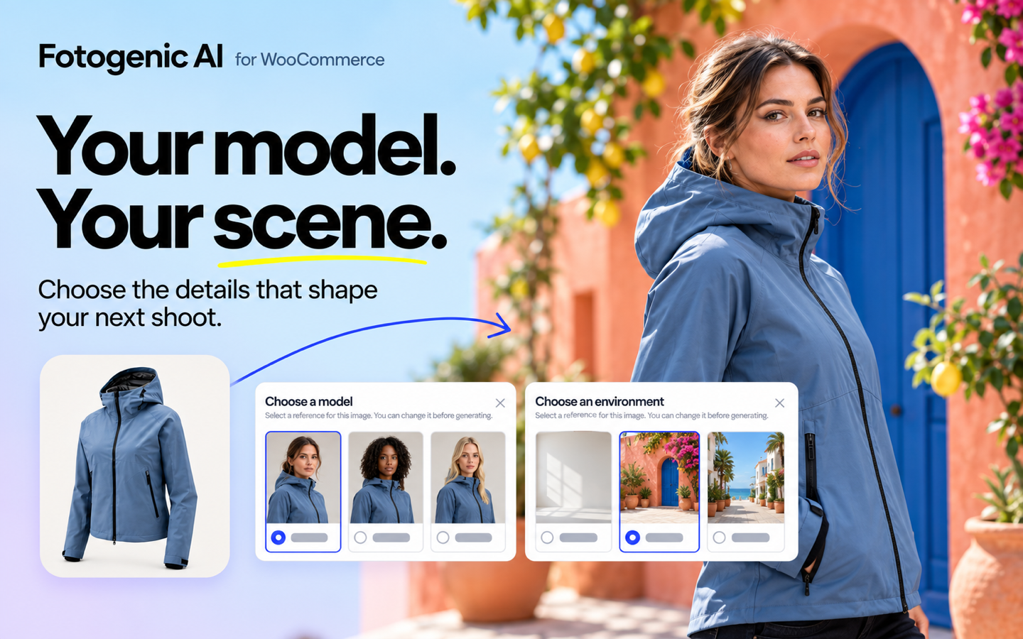 Explore AI models and environments for lifestyle product photography. Illustrated preview.
