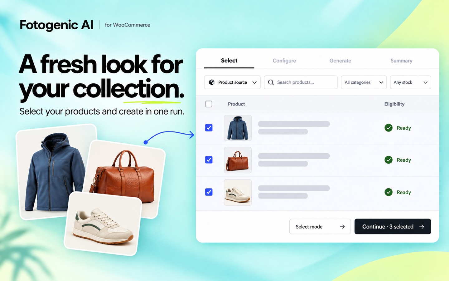 Give a product collection a new look with bulk image generation. Illustrated preview.