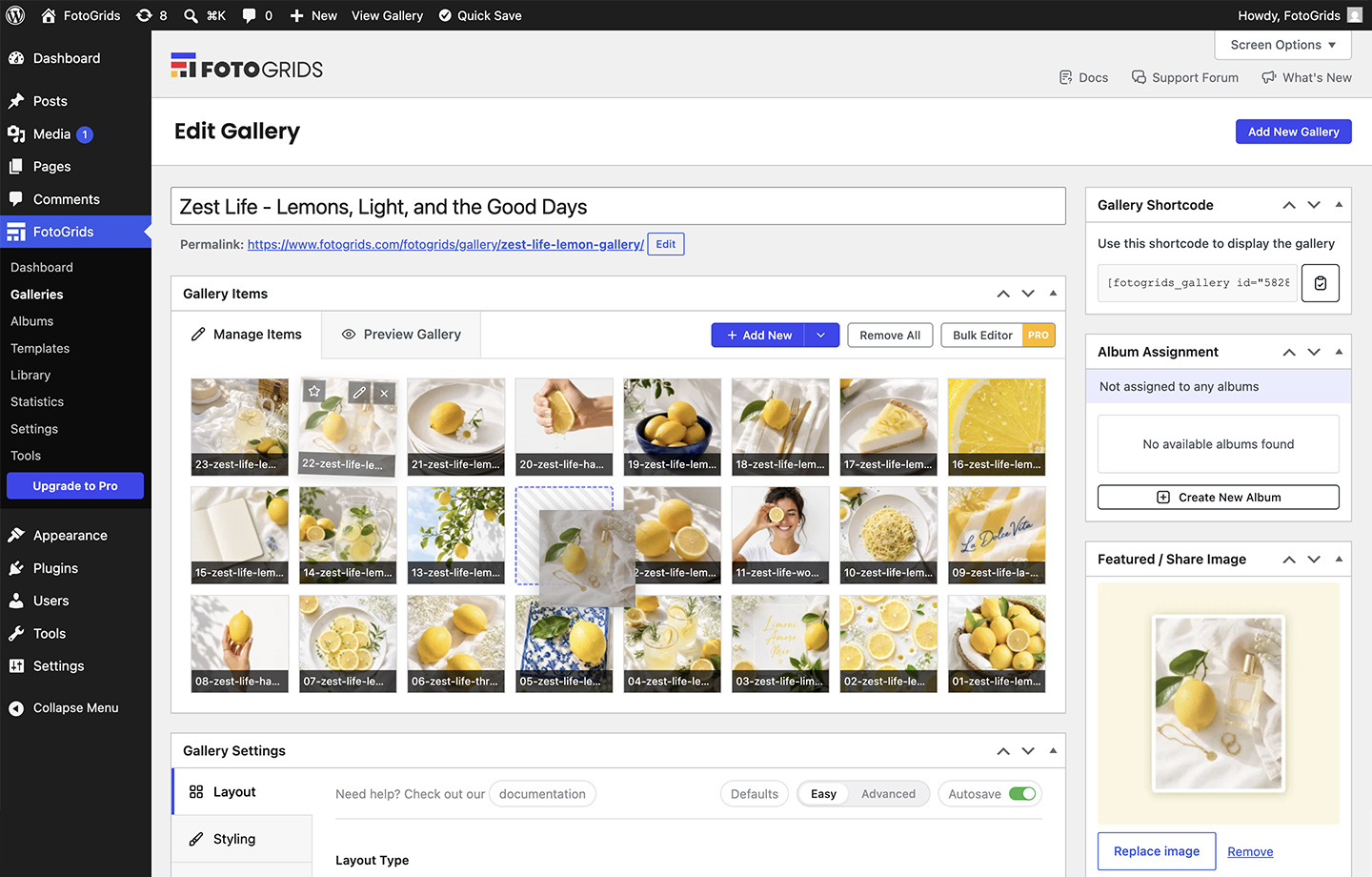 Gallery admin interface with drag-and-drop image management.