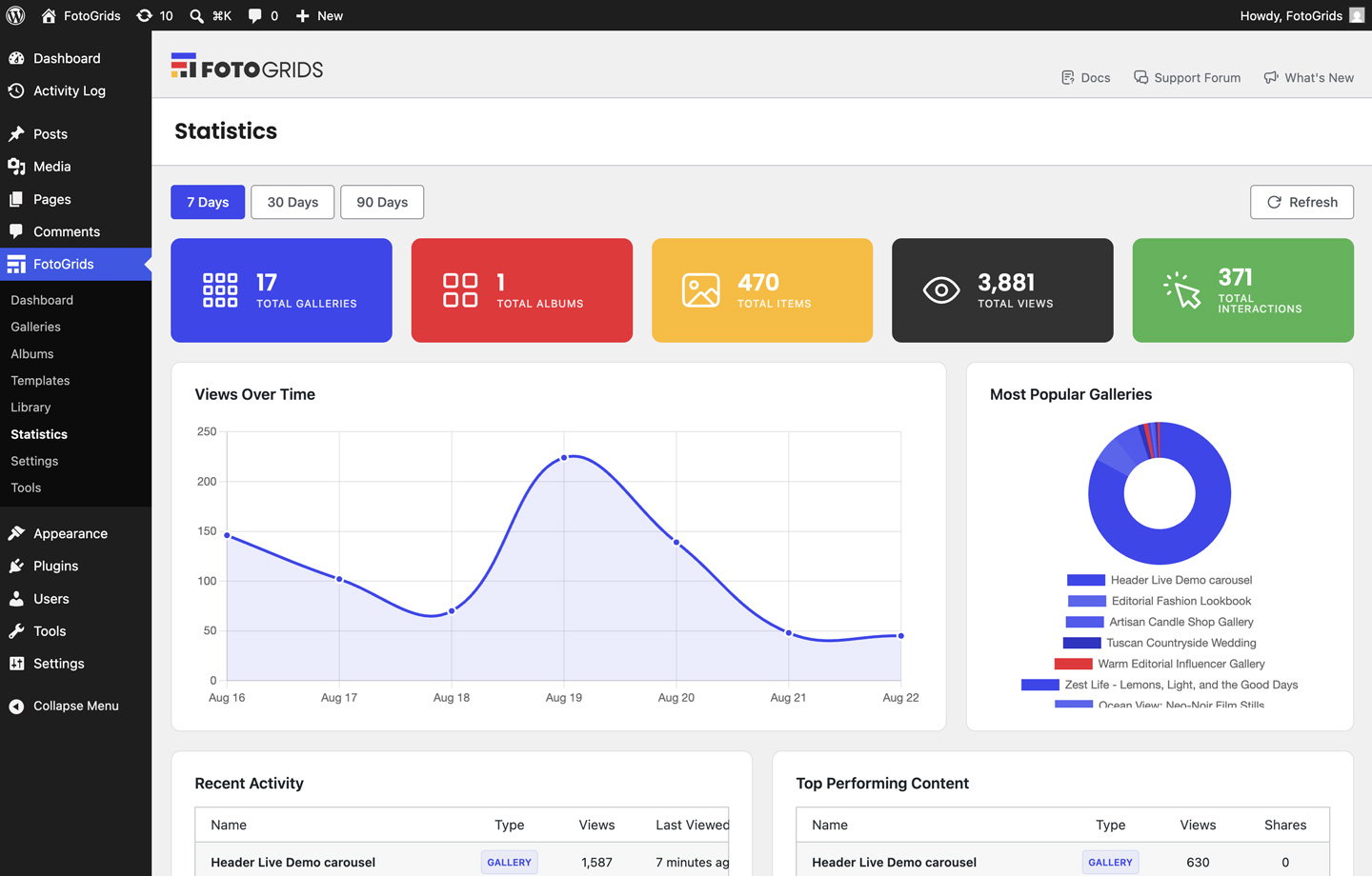 Statistics dashboard showing views and shares.