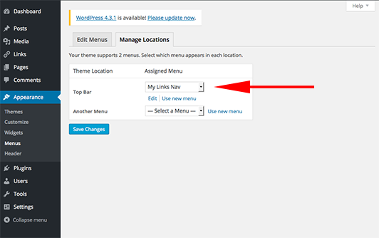 The “Appearance -> Menus -> Manage Locations” admin screen showing the “My Links Nav” menu assigned to the “Top Bar” theme location.