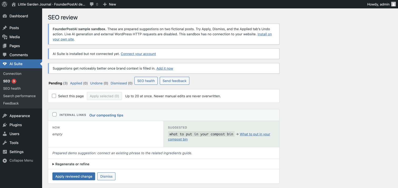 Review a prepared internal-link suggestion on a fictional sample site before applying it. The demo does not make live AI requests.