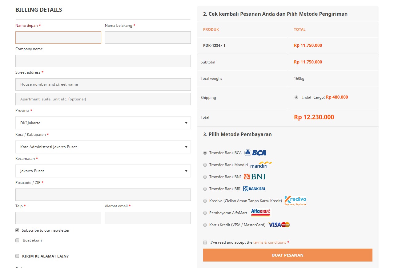 Multiple bank transfer payment gateways are displayed on the checkout page