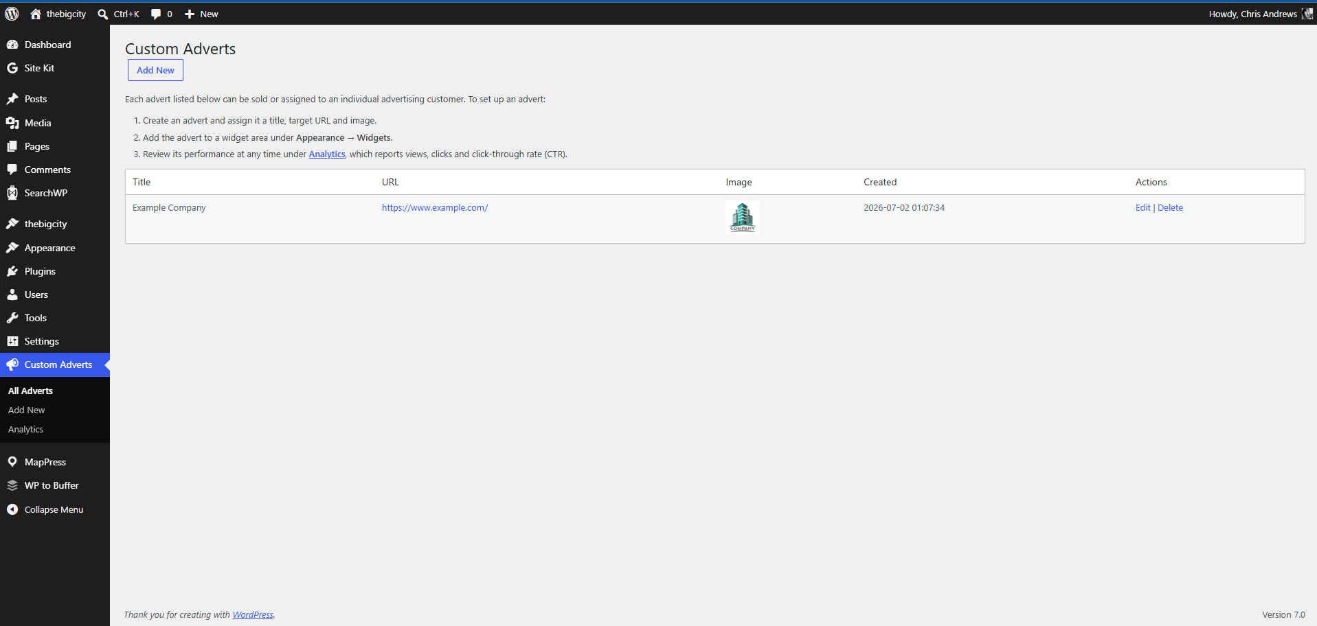 The Custom Adverts list screen.