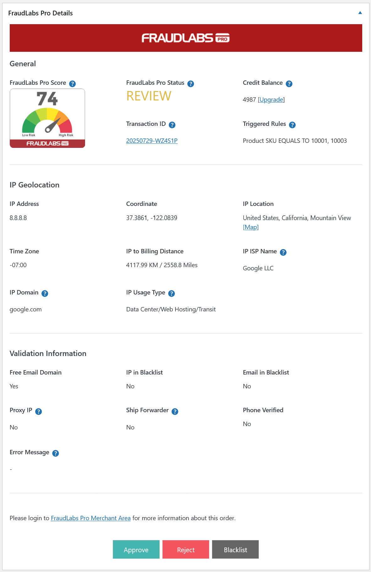 Fraud result - Fraud result of the order validation.