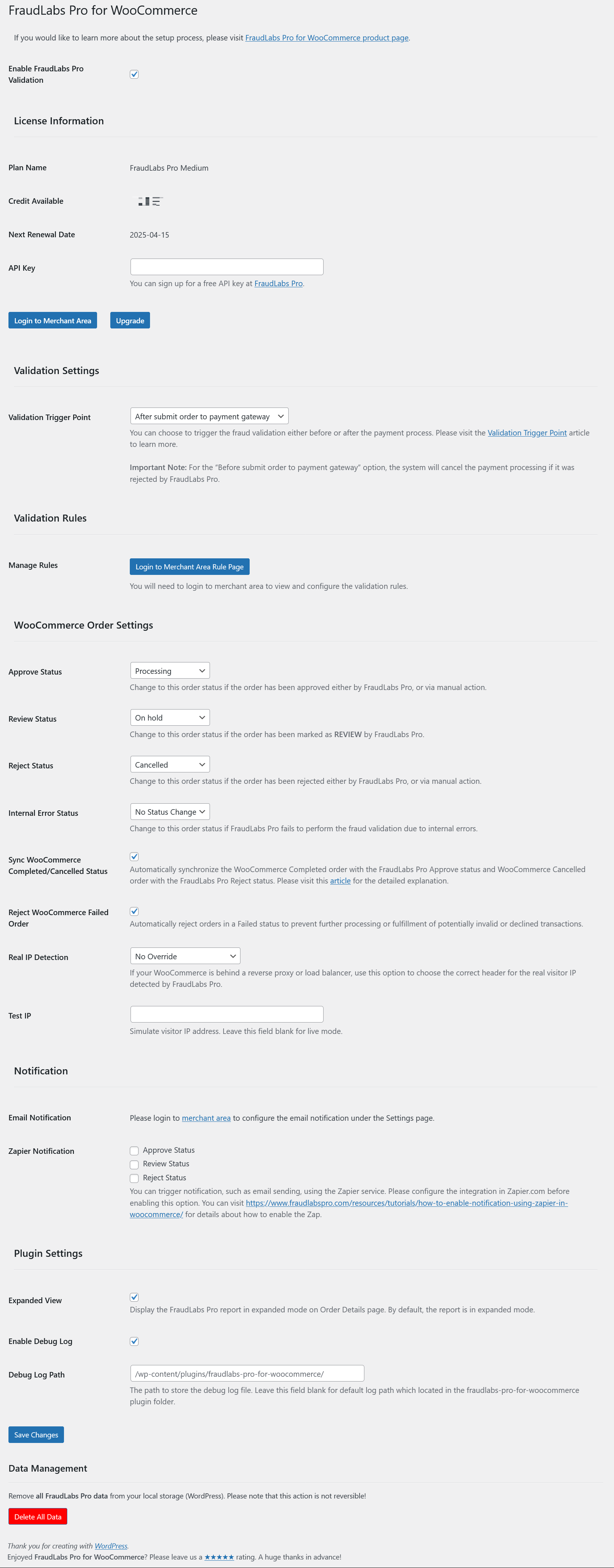 Settings page - FraudLabs Pro for WooCommerce Settings page.