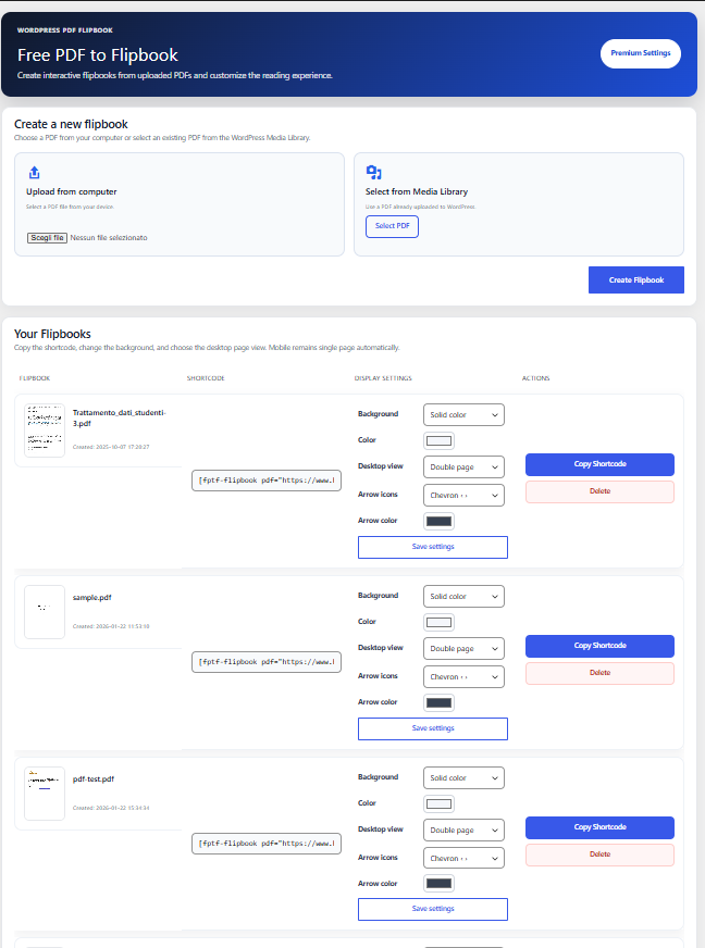 Admin page with PDF upload options