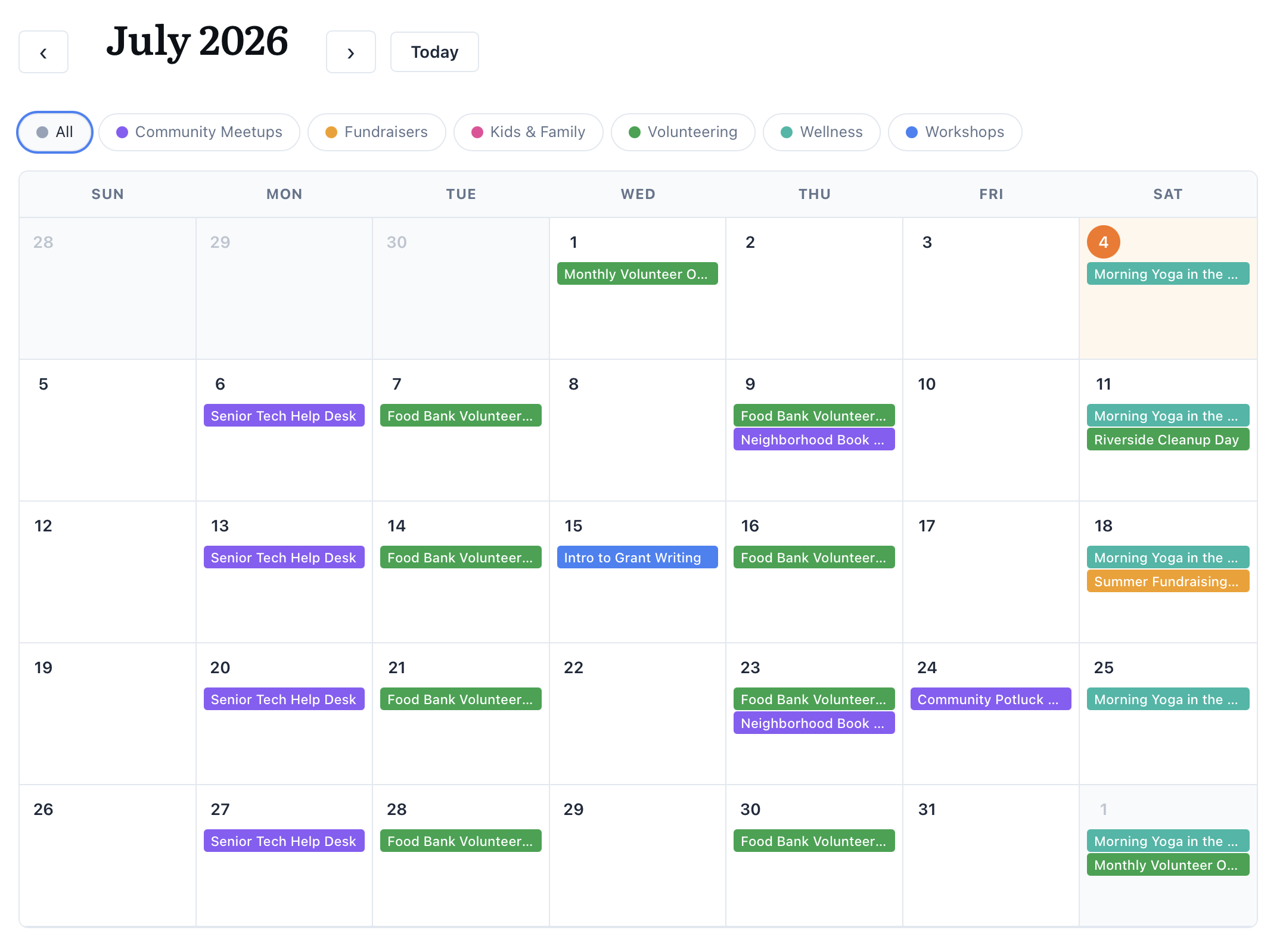 The interactive month calendar with color-coded events and a category legend.