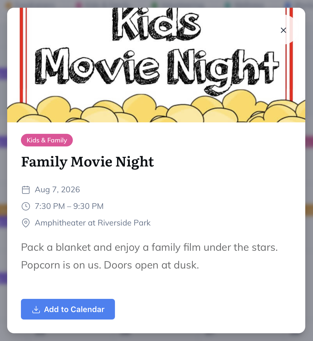 Event details in a modal — featured image, date and time, location, and one-click "Add to Calendar".