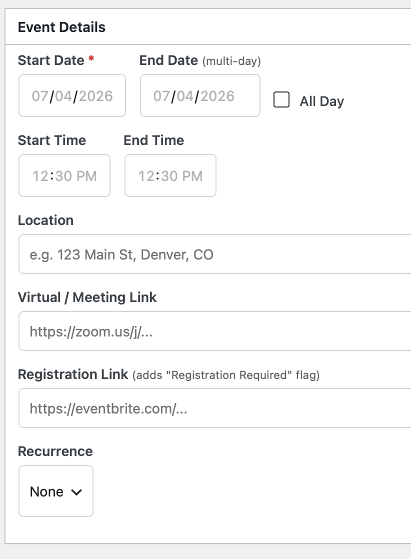 The admin event editor — dates, times, location, links, and recurrence options.
