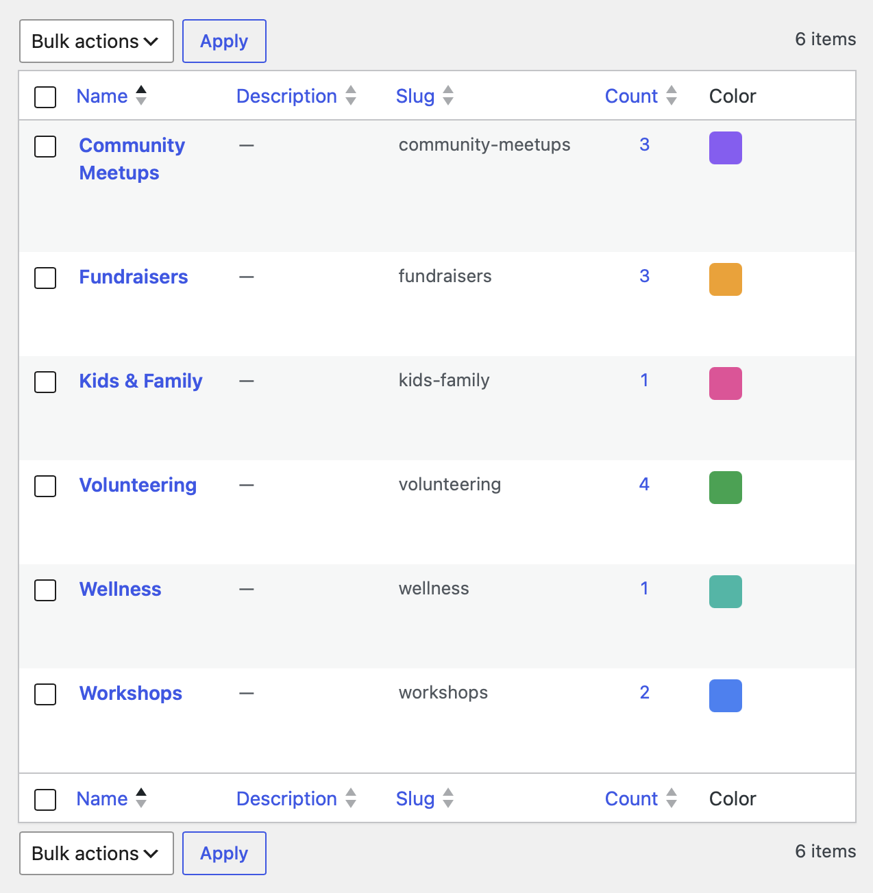 Color-coded event categories in the WordPress admin.