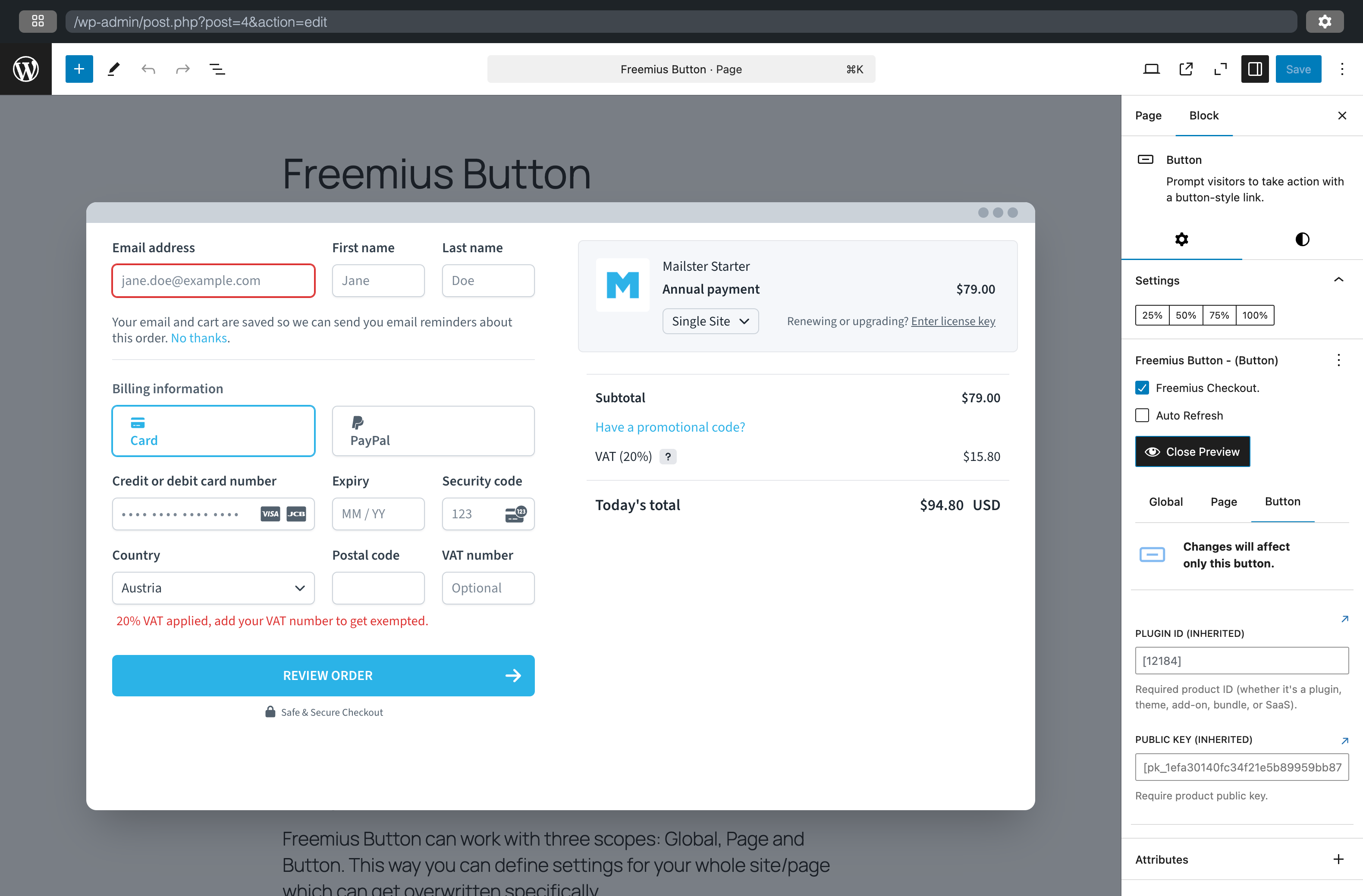 Button block settings with Freemius checkout option