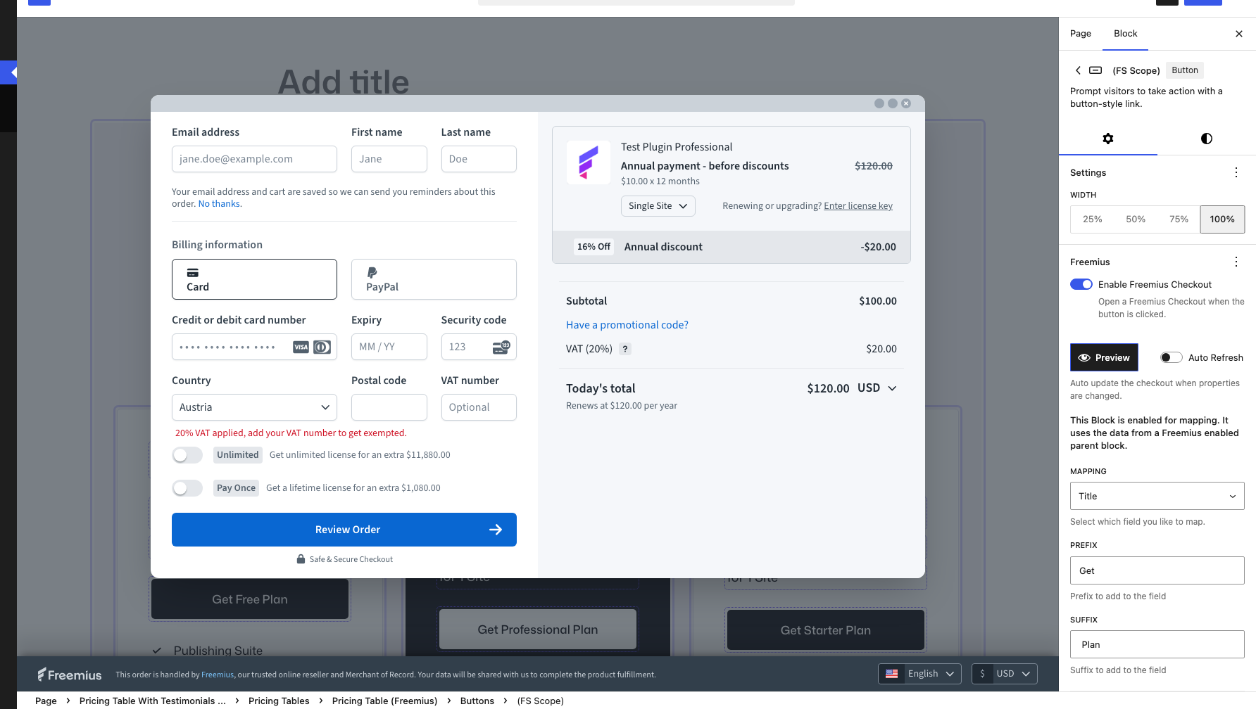 Freemius checkout preview in the block editor
