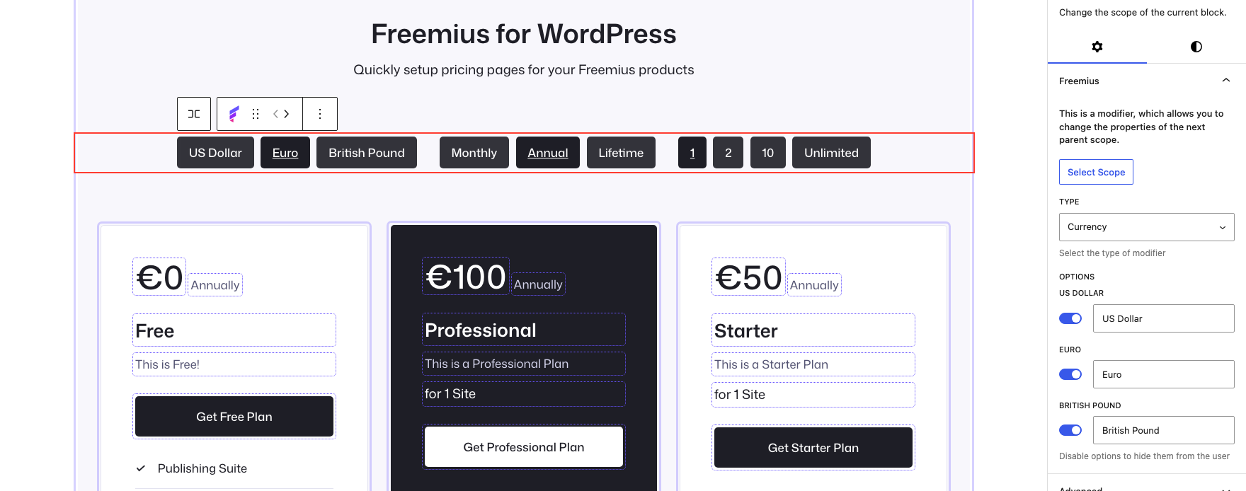 Freemius scope modifiers on a pricing page