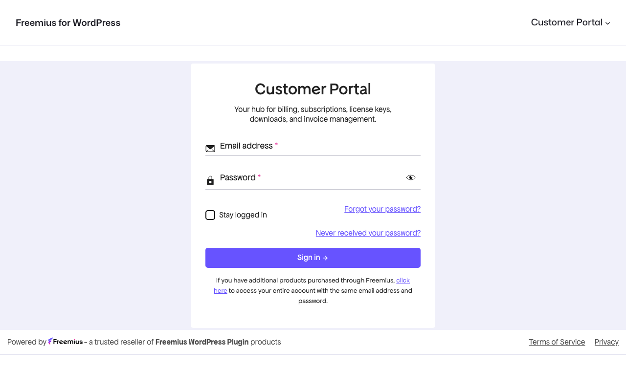 Freemius Customer Portal for licenses, billing, and downloads
